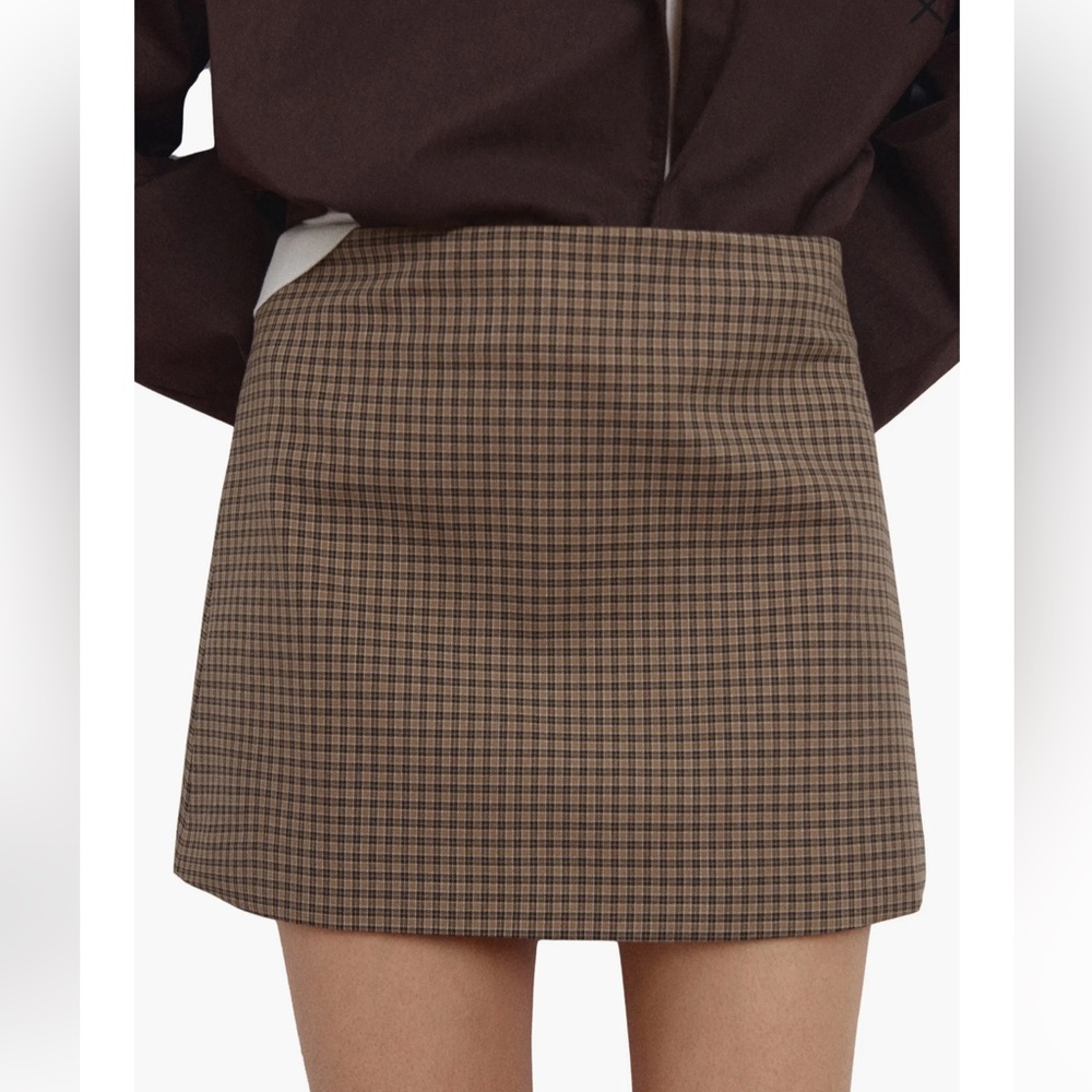 Mango Houndstooth A-line mini skirt in Brown Plaid